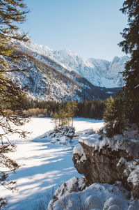 Scenic view of lake and snowcapped mountains against sky