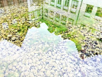 Reflection of building in puddle