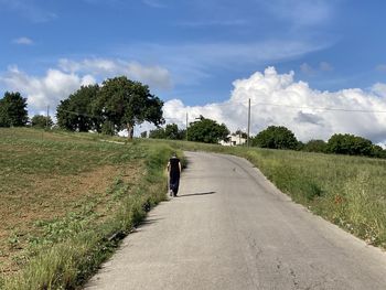 Road amidst trees on field against sky