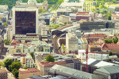 High angle view of buildings in city