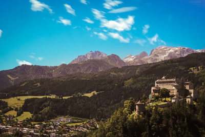  hohenwerfen castle towering over the austrian town of werfen at sunny day