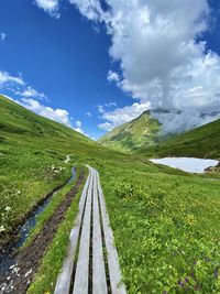 Scenic view of road amidst field against sky
