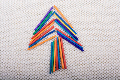 High angle view of multi colored pencils on table