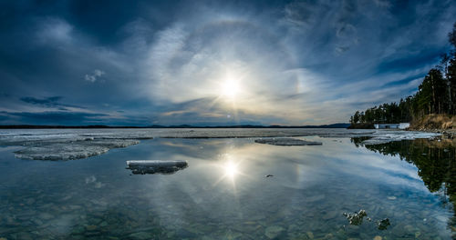 Scenic view of lake against sky during winter