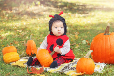 Full length of cute baby girl sitting by pumpkins on grassy land during halloween