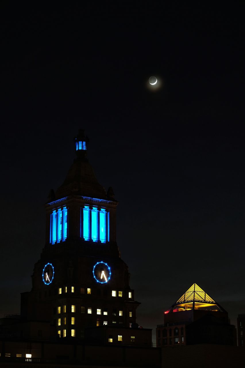 night, illuminated, moon, architecture, built structure, building exterior, copy space, low angle view, no people, outdoors, sky, clock tower, clock