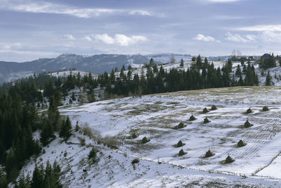 Scenic view of snow covered landscape against sky