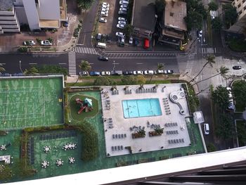 High angle view of road amidst buildings in city