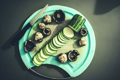 High angle view of food in plate on table