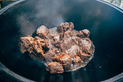 High angle view of meat in water