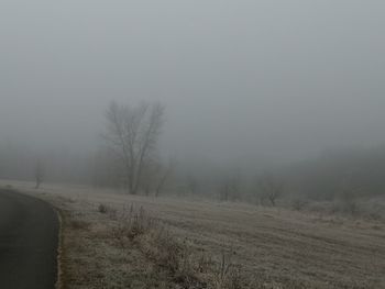 Road amidst field against sky during foggy weather