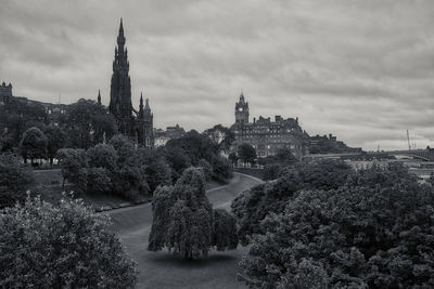 High angle view of buildings against cloudy sky in edinburgh scotland