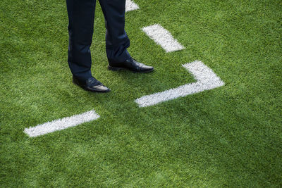 Low section of man standing on soccer field