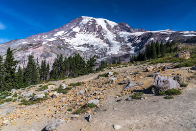 Scenic view of snowcapped mountains against blue sky