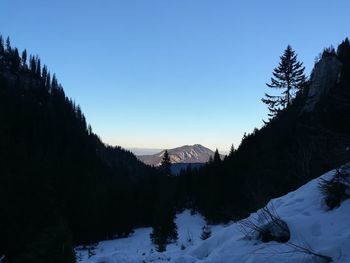 Scenic view of snowcapped mountains against clear sky