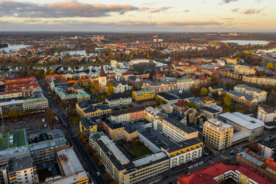 High angle view of buildings in city