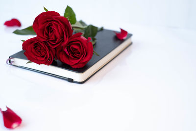 Close-up of rose bouquet on white table
