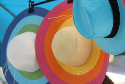 Close-up of multi colored hat on table