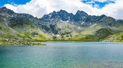 Scenic view of lake and mountains against sky