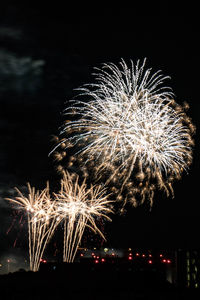 Low angle view of firework display at night