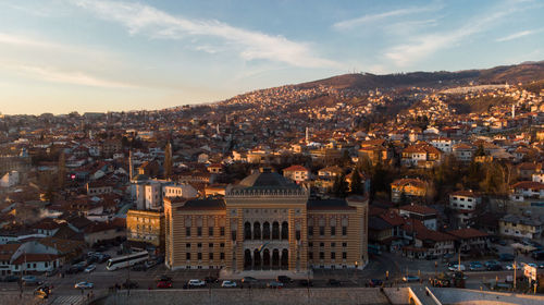 High angle view of buildings in city