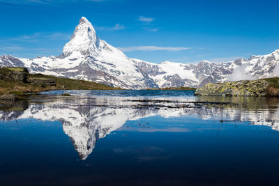 Scenic view of snowcapped mountains and lake against blue sky