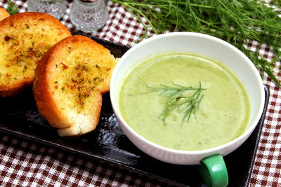 High angle view of soup in bowl on table