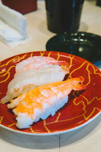 High angle view of sushi in plate on table