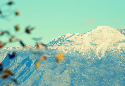 Close-up of snow on mountain against sky