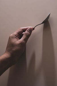 Close-up of hand holding twig against wall