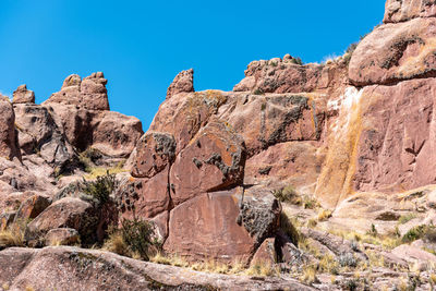 Low angle view of rock formation against clear blue sky