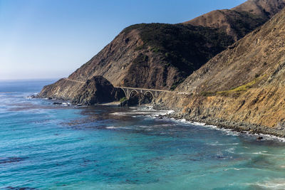 Scenic view of sea by mountain against clear blue sky