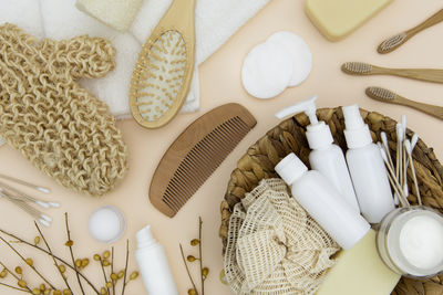 High angle view of beauty products on table