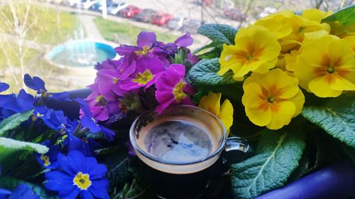 High angle view of bouquet on table