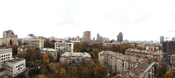 High angle view of buildings against clear sky