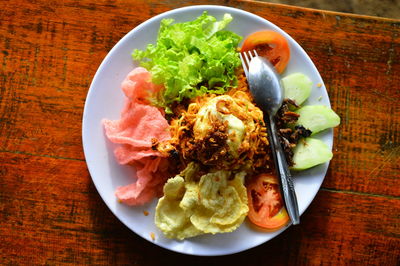 High angle view of food in plate on table