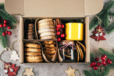 Directly above shot of christmas decorations on table