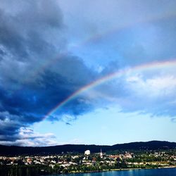 Rainbow over town against sky