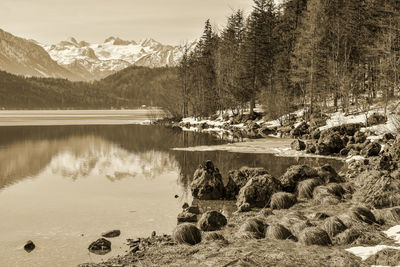 Scenic view of lake and mountains against sky