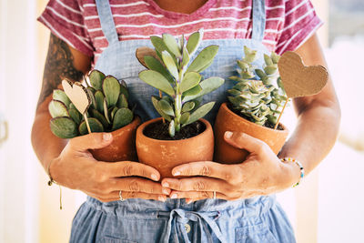 Midsection of woman holding potted plants