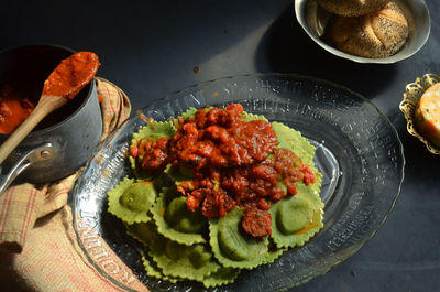 High angle view of food in plate on table