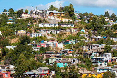 Low angle view of buildings on hill