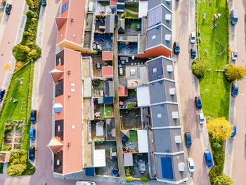 High angle view of buildings and street in city