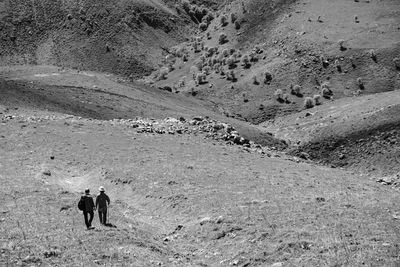 Rear view of men walking on land