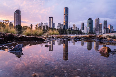 Reflection of buildings on water in city