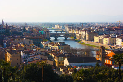 High angle view of river amidst buildings in city against clear sky