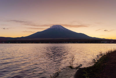 Scenic view of lake against cloudy sky during sunset