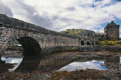 Arch bridge over river against sky