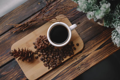 High angle view of coffee cup on table