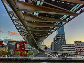 Low angle view of bridge over river in city during sunset